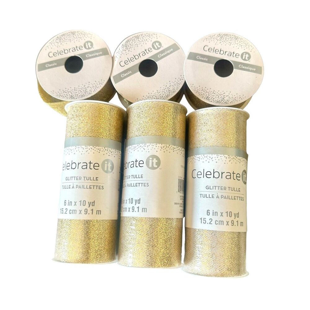 Celebrate It Gold Glitter Tulle Ribbon Lot 6" x 10 Yd Mesh Craft Wedding Decor